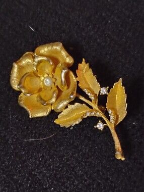 Monet Gold-Tone Rose and Leaf Brooch with Clear Stones